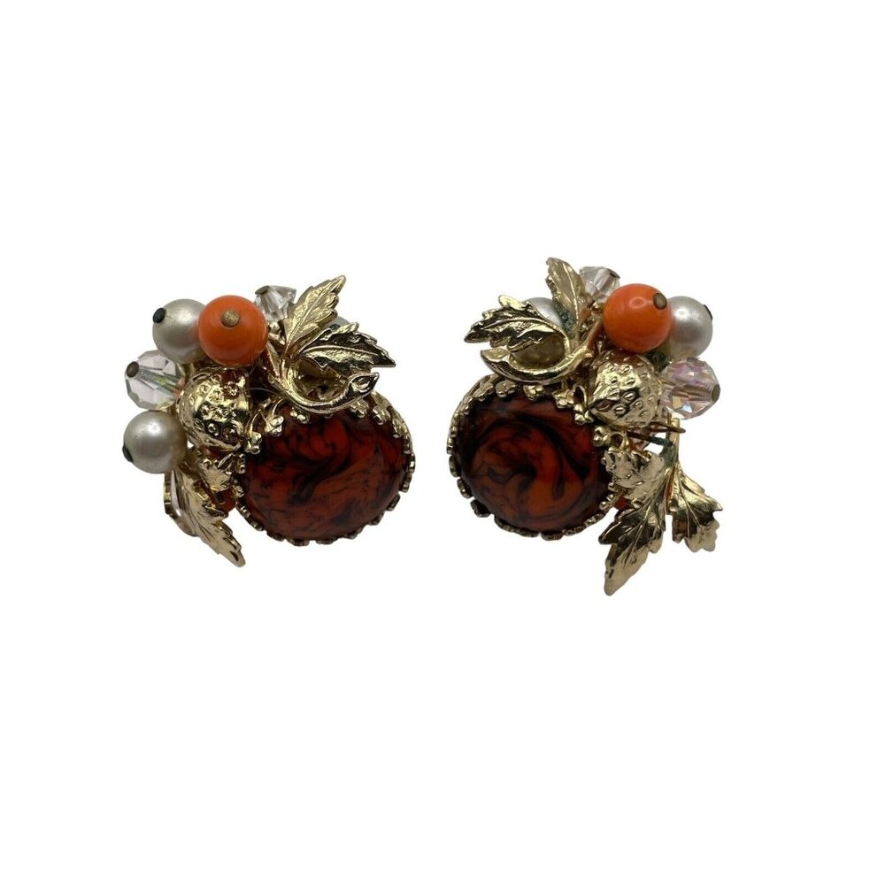 VTG Coro Gold Tone Orange Swirl Strawberry Leaf Bead Cluster Statement Earrings